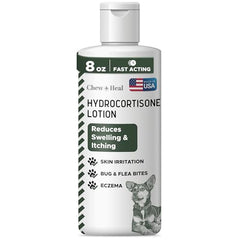 Chew + Heal Labs hydrocortisone lotion bottle front for dog anti-itch care.