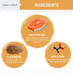 Chew + Heal Labs Omega dog soft chews closeup shows tasty chicken flavor