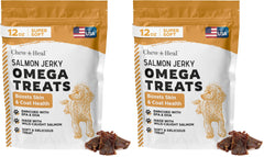 Chew + Heal Labs omega-soft salmon jerky packaging shows training appeal