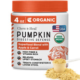 Chew + Heal Labs Organic Pumpkin Powder in a dog bowl improves digestion and meal appeal.