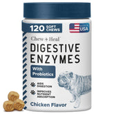 Chew + Heal Labs dog probiotic bottle and chews for digestion.
