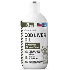 Chew + Heal Labs Pure Cod Liver Oil bottle pour supports dog's coat health.