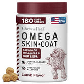 Chew + Heal Labs Salmon Oil dog treat bottle highlights omega-rich coat support