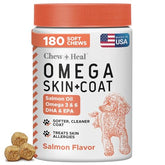Chew + Heal Labs Salmon Oil for Dogs packaging highlights omega supplement for coat support