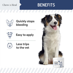 Polvo deteniendo sangrado de uñas de perros con Chew + Heal Labs.