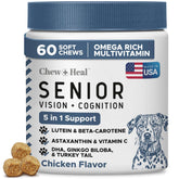 Chew + Heal Labs senior dog vision chews bottle for easy administration and eye support.