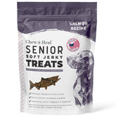 Chew + Heal Labs Seniors Soft Jerky Salmon Treats 5 oz pack for joint support.