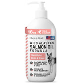 Chew + Heal Labs wild Alaskan salmon oil bottle with pump-cap for easy dosing and healthy coat support.