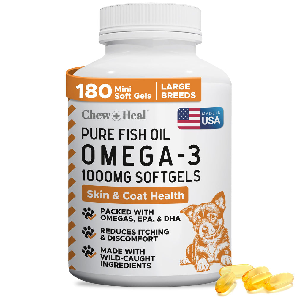 Chew + Heal Labs omega-3 dog bottle with 180 softgels, great for large breeds.