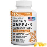Chew + Heal Labs omega-3 dog bottle with 180 softgels, great for large breeds.