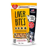 Chewmasters beef liver bites packaging, USA-made protein-rich treats.