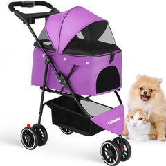 Chihuahua pet stroller 3 wheels purple shows stable movement for pets