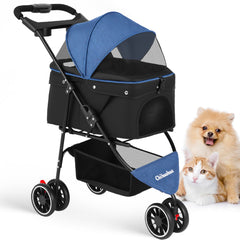 Chihuahua pet stroller front view in blue-black for easy daily walks