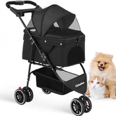 Chihuahua pet stroller front view shows sturdy frame and secure dual straps for safety.