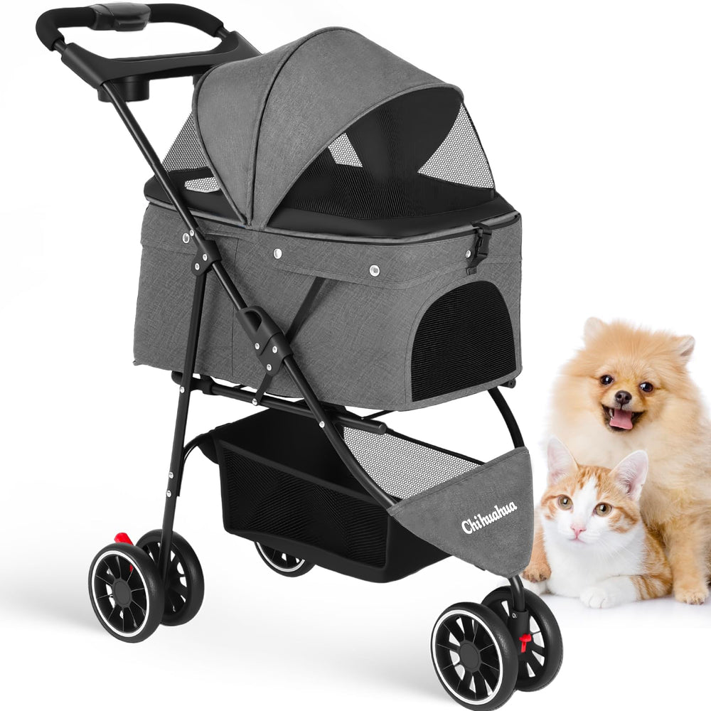 Chihuahua pet stroller grey side view showing breathable mesh for comfortable outdoor walks.