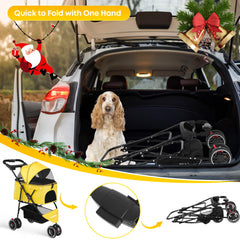 Chihuahua pet stroller undercarriage and wheels illustrate storage and mobility