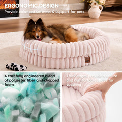 ChiXnuggle dog bed pink striped side bolster close-up illustrates full-body support for curling dogs.