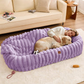 ChiXnuggle human dog bed purple front view showing luxurious faux fur comfort