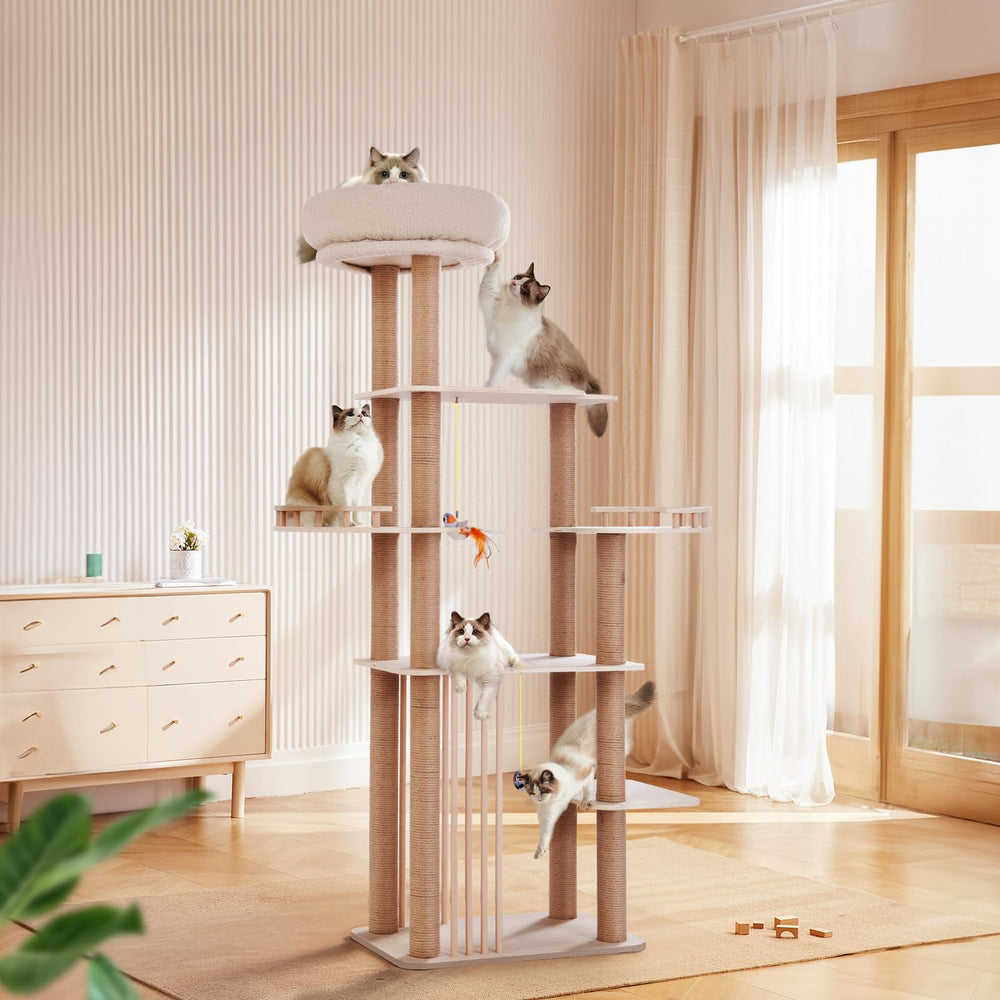 Choc chick wood cat tree tower showcases sturdy base for safe indoor play.