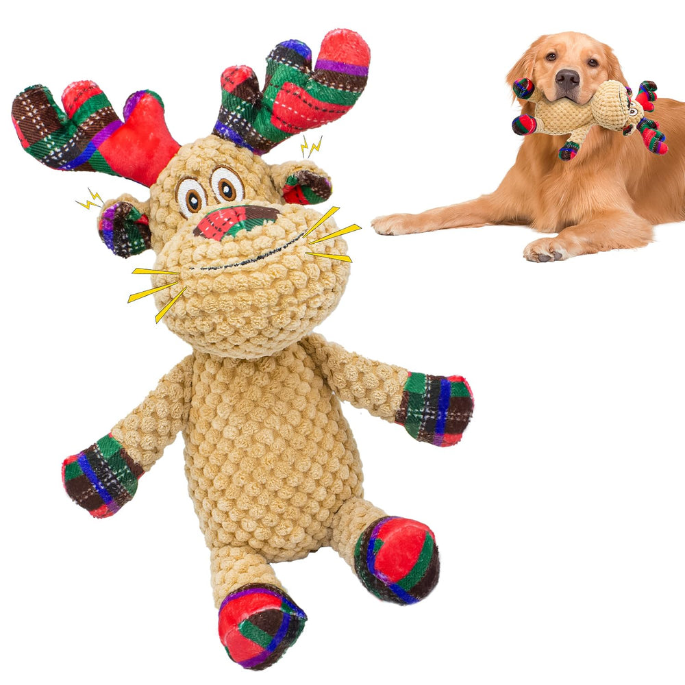 Chongqile squeaky Christmas reindeer dog toy front view for interactive play.
