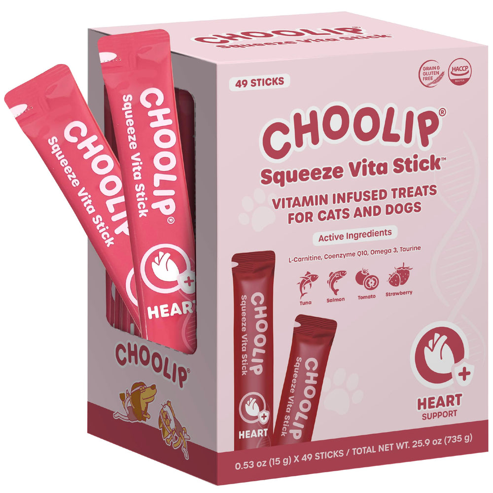 Choolip Squeeze Vita Stick treats front view pack, convenient heart-support snacking.