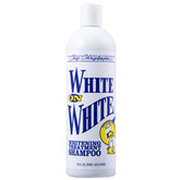 Chris Christensen White on White shampoo pour, highlighting gentle stain removal and coat brightness.