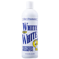Chris Christensen White on White shampoo pour, highlighting gentle stain removal and coat brightness.