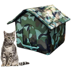 CHRIS GOOD Feral Cat House camo front view shows weatherproof outdoor shelter