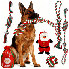 Christmas Dog Toy Set rope toys close-up shows durable gum-friendly chewing for heavy chewers