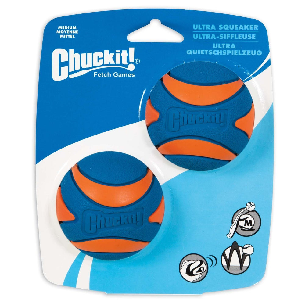 Chuckit Ultra Squeaker Ball with durable textured surface boosts long fetch sessions.