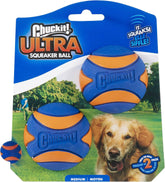 Chuckit! Ultra Squeaker Ball left-side view with bright colors for easy visibility.