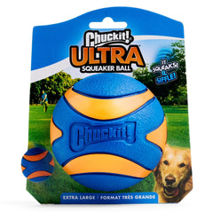 Chuckit Ultra Squeaker Ball XL side view highlighting its high bounce for interactive fetch