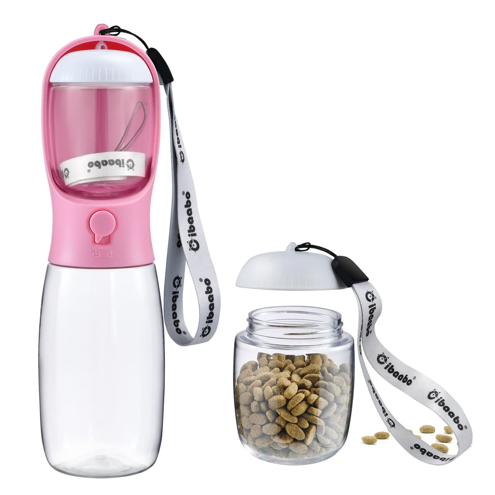Cibaabo dog water bottle with food container closeup for on-the-go hydration and snacks.