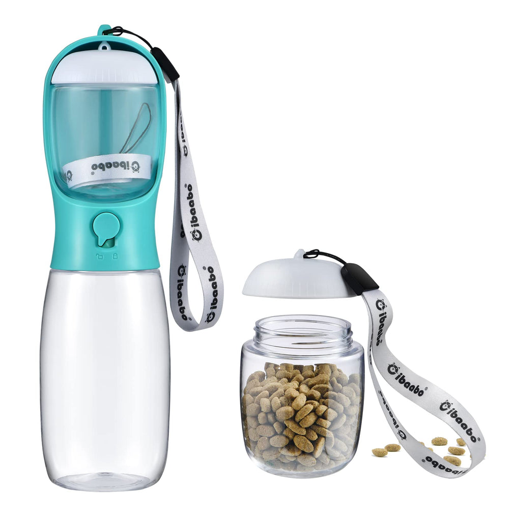 Cibaabo dog water bottle with food container compact setup for on-the-go hydration and snacks.