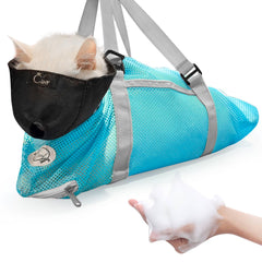 Cinf cat bathing bag muzzle attachment demonstrates adjustable muzzle for calm bath time.