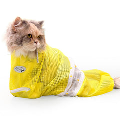 Cinf cat bathing bag in yellow mesh fabric provides breathable bath-time comfort.