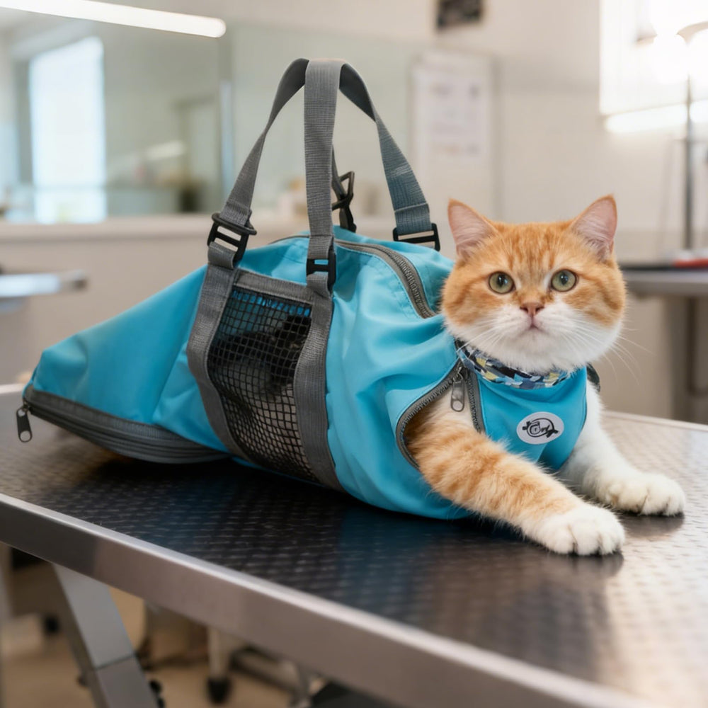 Cinf Cat Grooming Bag blue front view enables safe nail trimming and bath access.