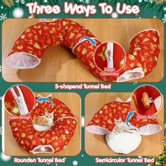 Cinnvoice Christmas Cat Tunnel Bed folded compact stores easily for travel and storage.