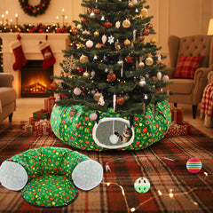 Cinnvoice Christmas cat tunnel bed under tree offers a cozy hideaway for your cat's holiday moments