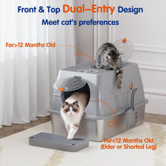 Citylife stainless steel litter box front-entry door demonstrates flexible access for various cats