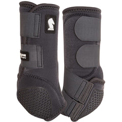Classic Equine Flexion front boot in charcoal on a small leg for secure fit and dirt protection.