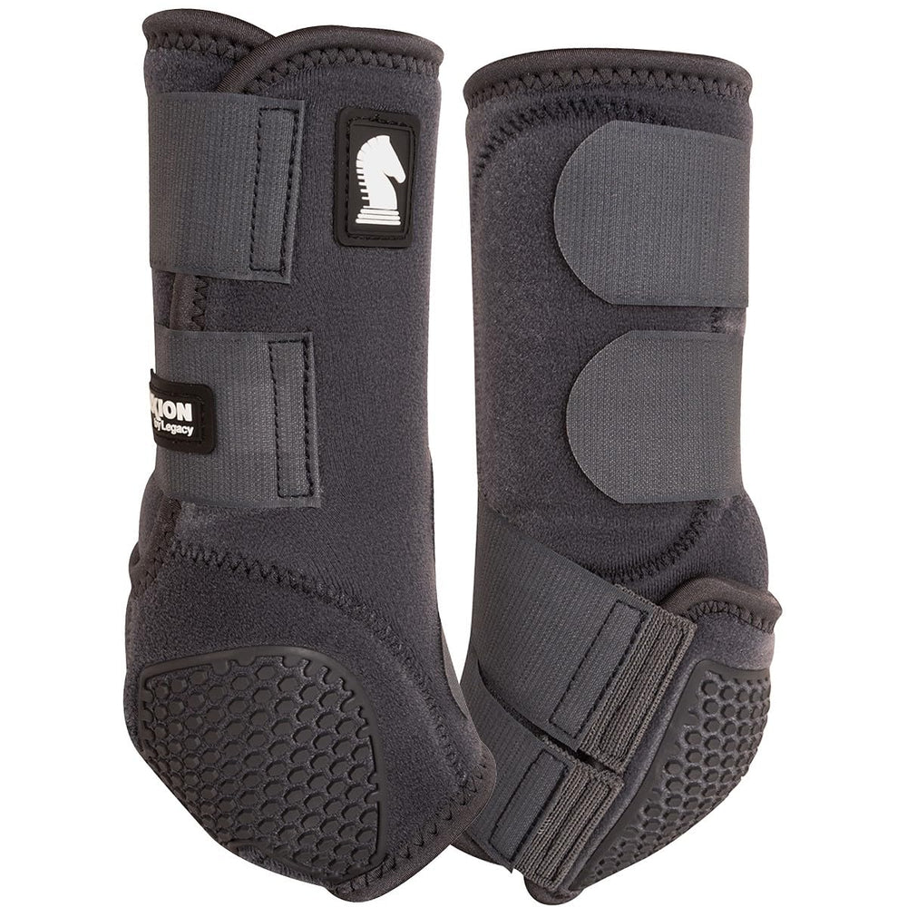 Classic Equine Flexion front boot charcoal protects fetlocks during fast turns.