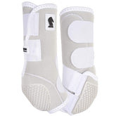 Classic Equine Flexion hind boot white front view shows protective fetlock support during riding sessions