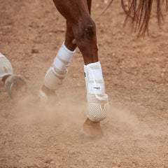 Classic Equine Flexion Hind Boots X-Large White strap closeup highlighting secure closure and padding.