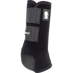 Classic Equine Legacy2 front boot in black showing secure fetlock cradle and close fit.