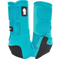 Classic Equine Legacy2 front boot in aqua provides fetlock support for front legs during rides.