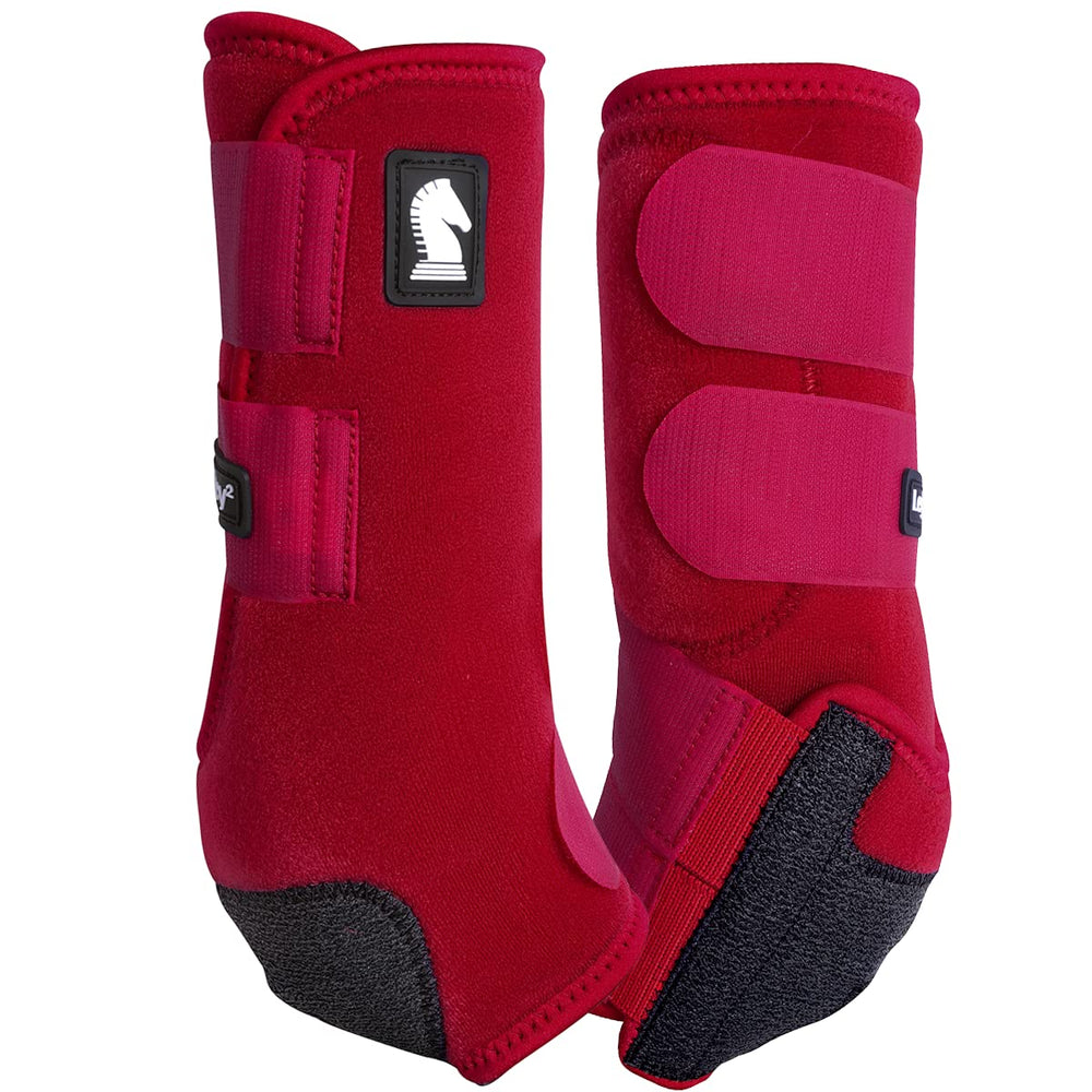 Classic Equine Legacy2 hind boot Crimson small front view highlights cradle fetlock protection for suspensory support