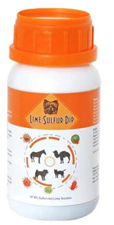 Classic's Lime Sulfur Dip bottle label close-up showing dosage and safety for pet care