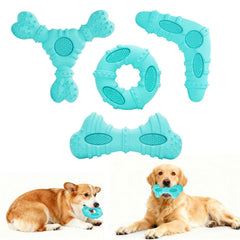 ClawClawHome four-shape blue dog chew toys for dental cleaning and boredom relief.