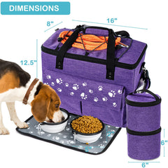 CLAWIST Dog Travel Bag XL contents laid out: bag, placemat, food containers, bowls, strap.